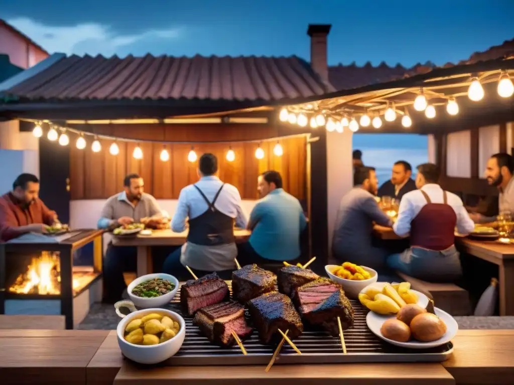 Una parrillada uruguaya vibrante y bulliciosa de noche, con carnes sizzling y comensales disfrutando bajo luces brillantes