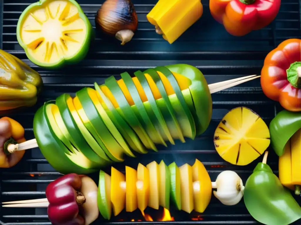 Una parrillada vibrante de opciones vegetarianas, con pimientos, piña, maíz, cebolla, champiñones, transmitiendo frescura y salud