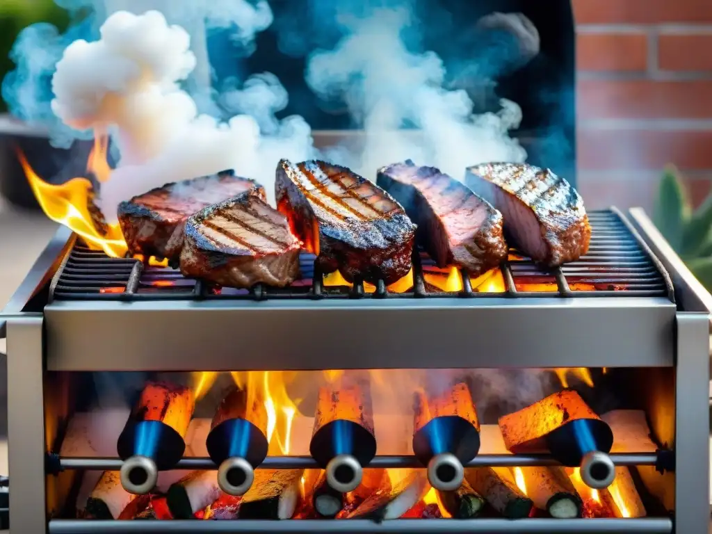 Parrilladas premiadas internacionalmente: una parrilla cargada de cortes suculentos y vibrantes vegetales, con humo delicado en el aire