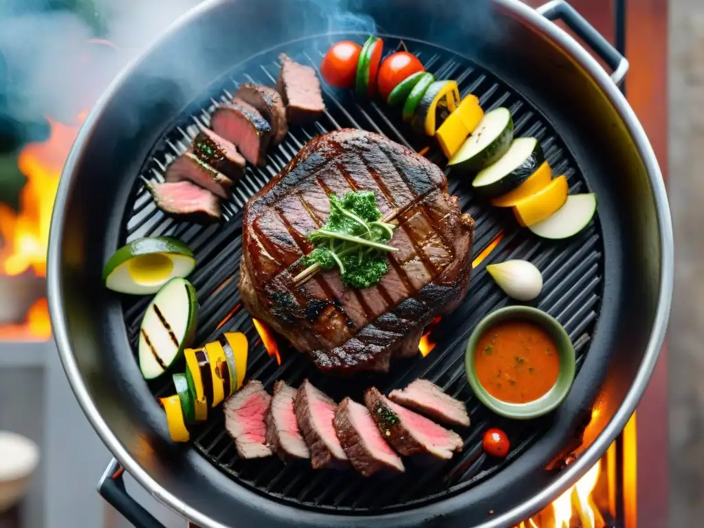 Parrilladas en Punta del Este: Grill cargado con cortes premium de carne argentina, chimichurri, vegetales a la parrilla y brasas brillantes