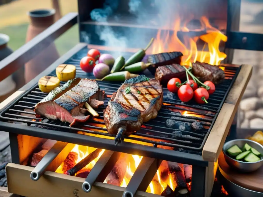 Parrilladas tradicionales en Uruguay: escena de asado con carne y verduras sobre brasas, luz dorada al atardecer