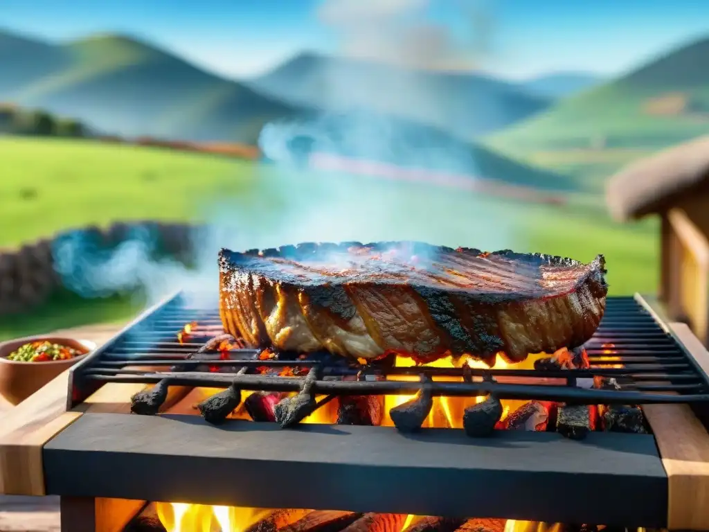 Parrilladas tradicionales en Uruguay: una parrillada con carne sizzling, chimichurri y paisaje campestre