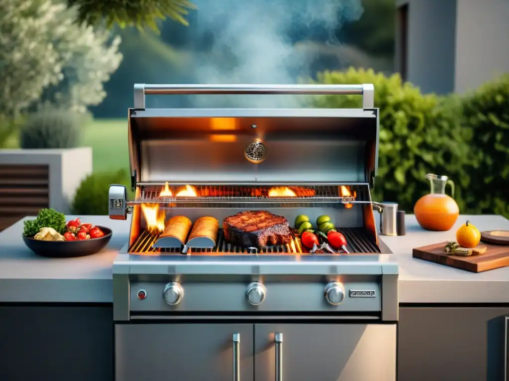 Parrillas de alta gama asado: escena lujosa de parrilla moderna al aire libre, brillando bajo el sol con utensilios premium