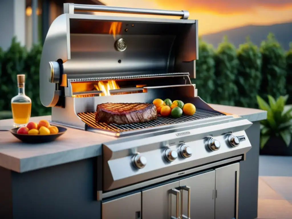 Parrillas de alta gama asado brillando al sol en lujosa cocina exterior, con detalles de acero inoxidable y carne asándose