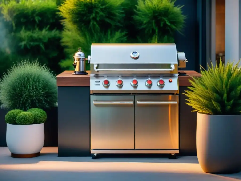 Innovación en parrillas de asado de alta gama con diseño moderno y luces LED en un elegante patio paisajístico