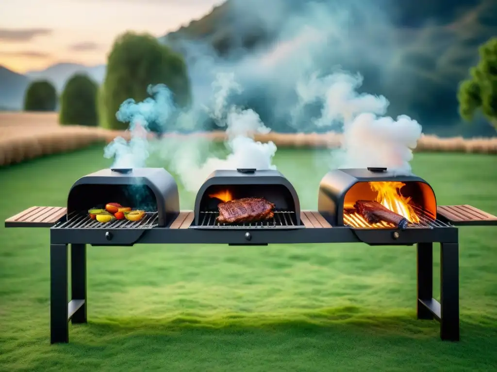 Dos parrillas: una cara y otra tradicional, en un escenario de asado al atardecer