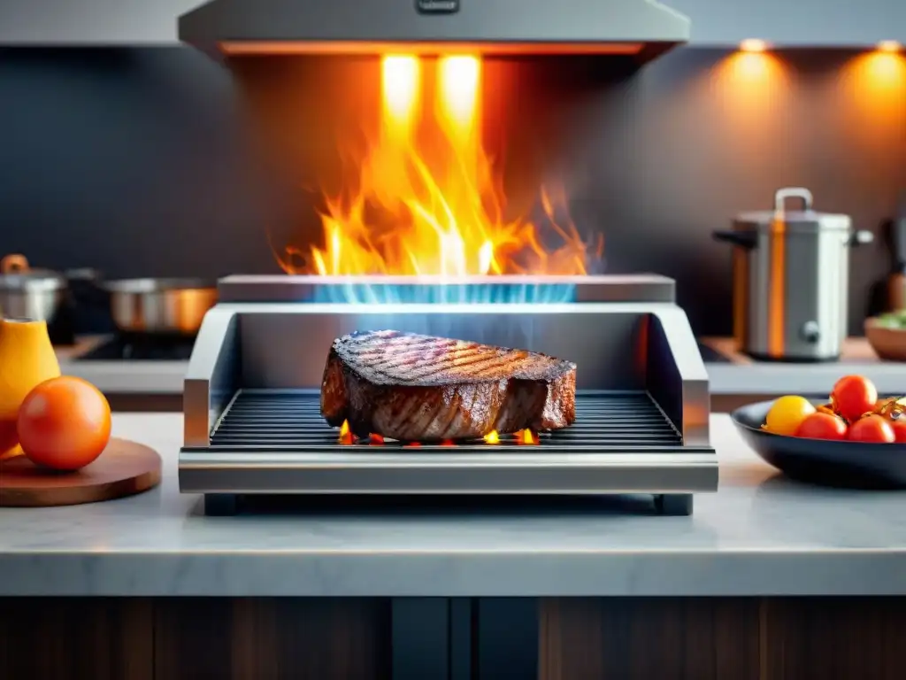 Parrillas eléctricas para asado en interiores: ambiente acogedor con grill moderno y jugoso filete en cocina elegante