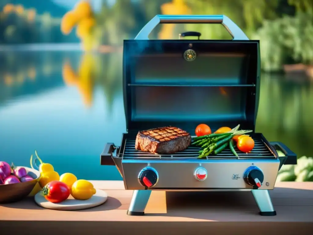 Parrillas portátiles de calidad: Grill de acero inoxidable con suculentos filetes y verduras a la parrilla en un entorno natural junto al lago