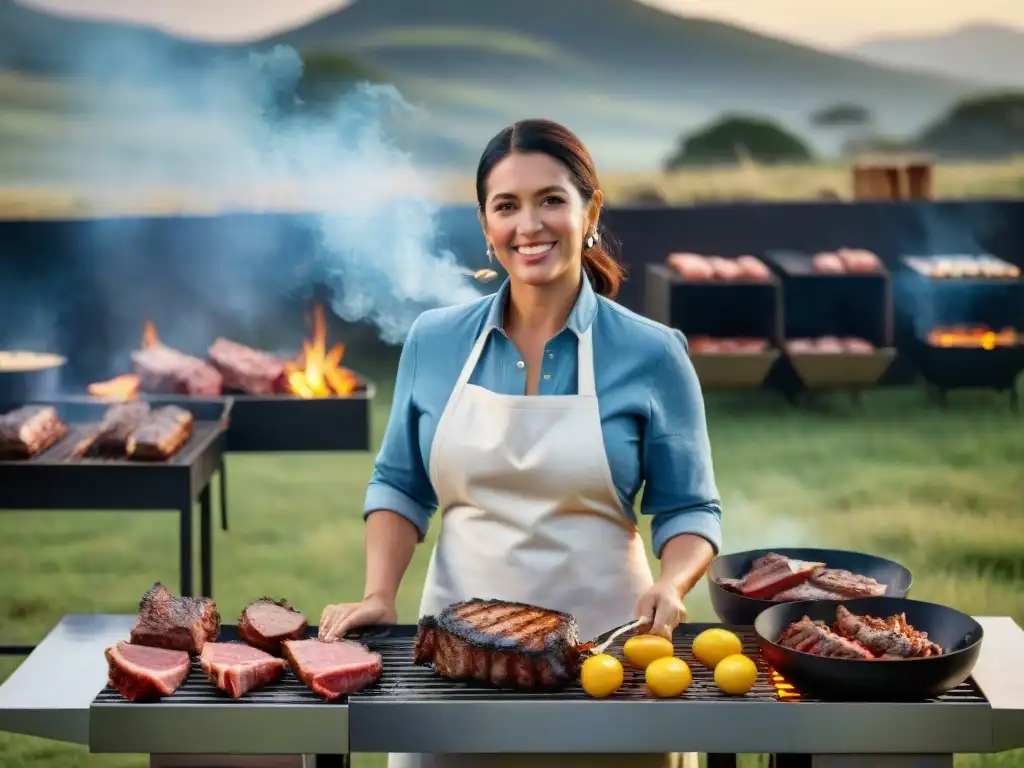 Una parrillera experta junto a un asado uruguayo perfectamente cocido, en un entorno campestre