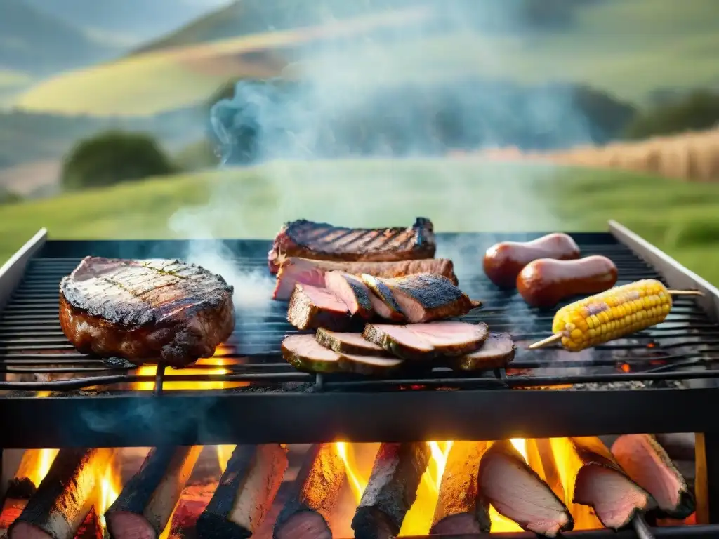 Un parrillero experto preparando un asado uruguayo en un entorno campestre con los mejores cortes de carne a la parrilla