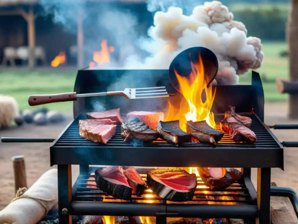 Un parrillero experto asando carne en una parrilla al aire libre, rodeado de humo y llamas, en un escenario campestre