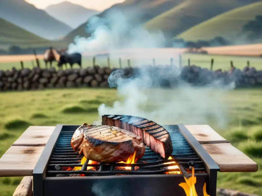 Un parrillero experto asando cortes de carne en un entorno campestre uruguayo