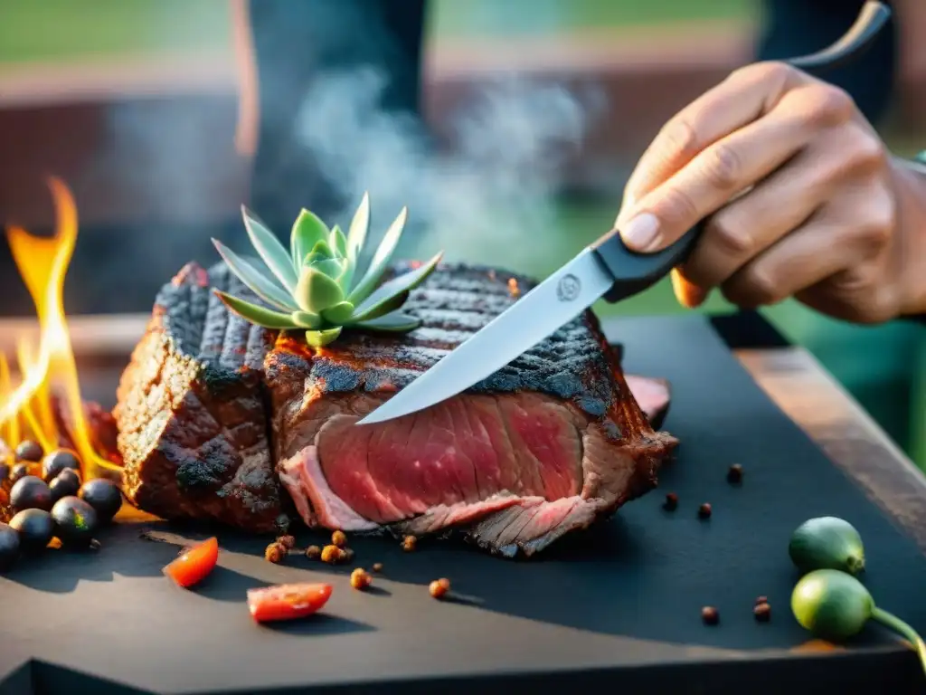 Un parrillero experto utiliza precisas técnicas de corte para asado en su arte culinario