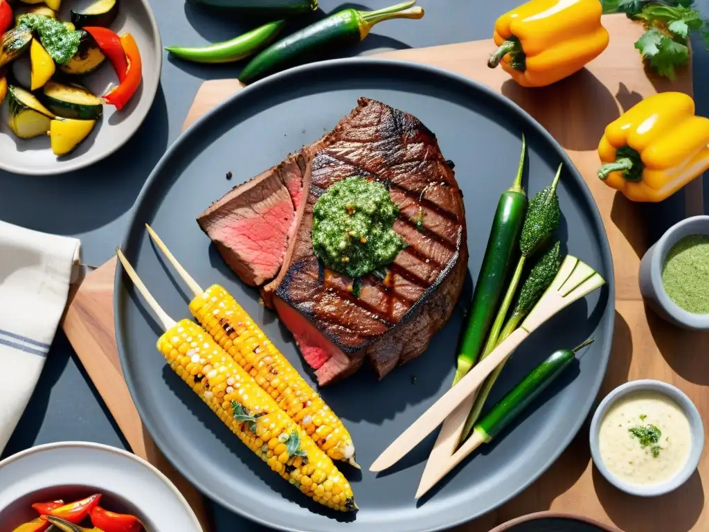 Un festín parrillero perfectamente organizado: jugoso filete con vegetales a la parrilla y chimichurri, rodeado de utensilios de parrilla