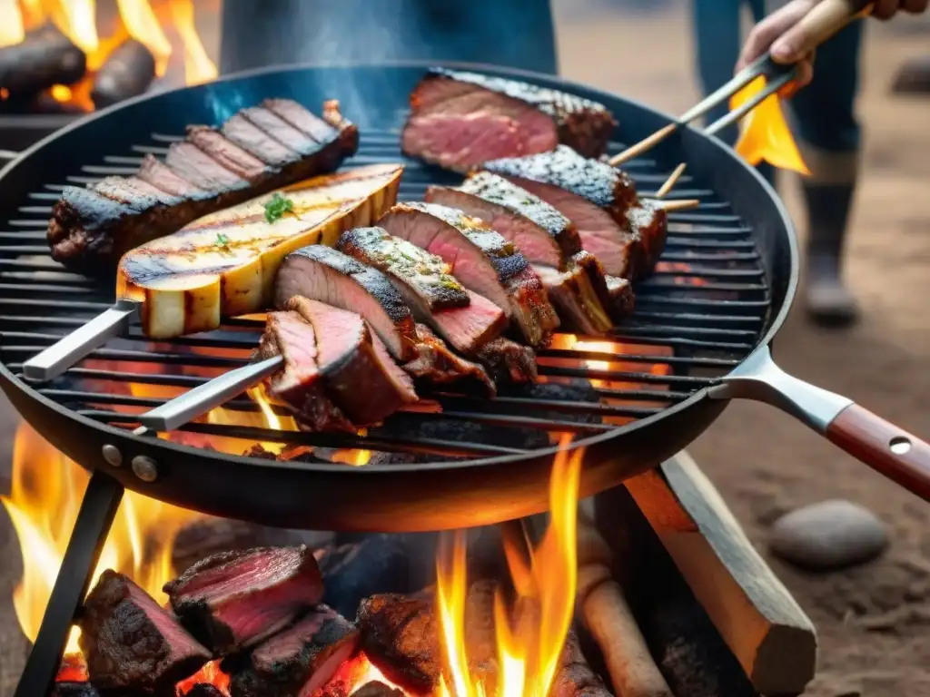 Un parrillero uruguayo asando carne con destreza en una parrilla, destacando la tradición y maestría de los mejores parrilleros asado uruguayo