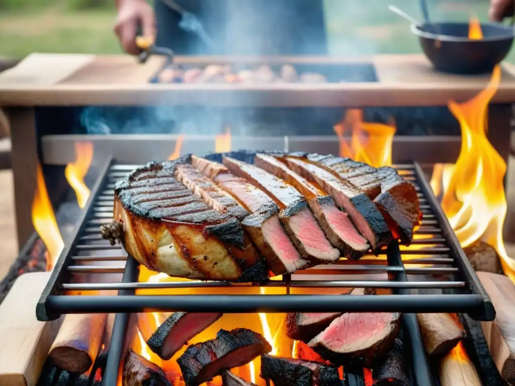 Un parrillero uruguayo experto asando carne a la parrilla, con las llamas crepitando y el humo envolviendo la escena