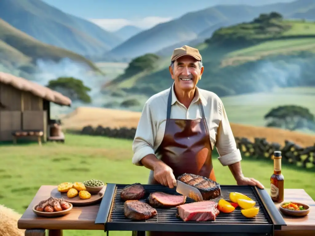 Un parrillero uruguayo experto asando las mejores carnes en un bello paisaje campestre