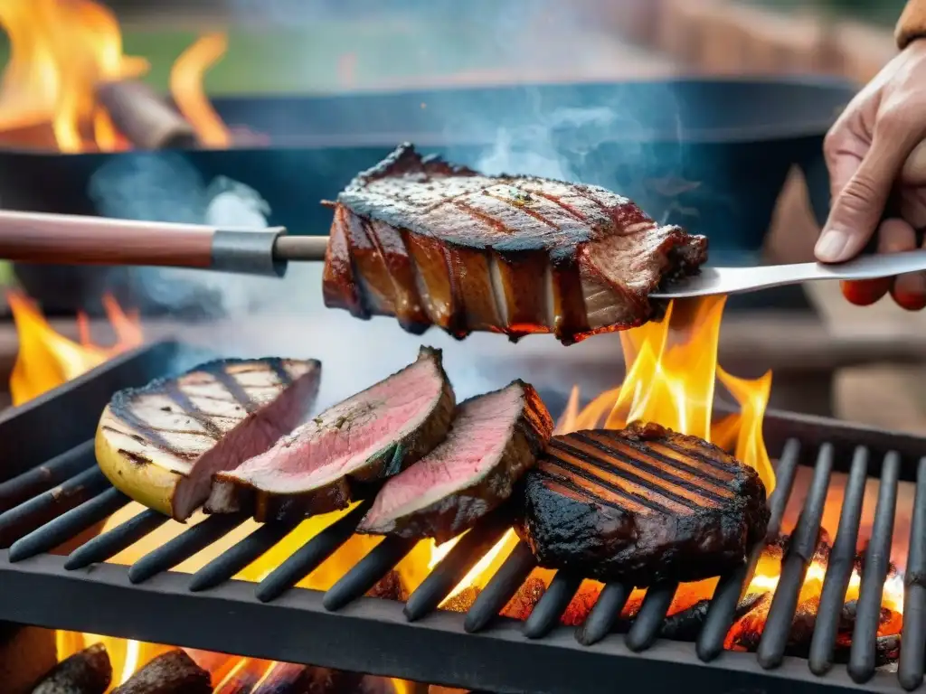 Un parrillero uruguayo experto cuida los secretos del asado estilo Uruguayo sobre fuego de leña ardiente