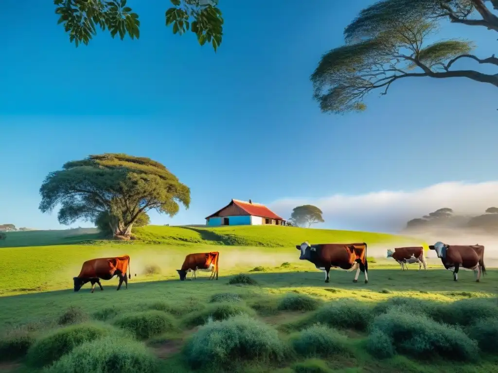 Pastizal verde con vacas pastando frente a una casa uruguaya entre eucaliptos