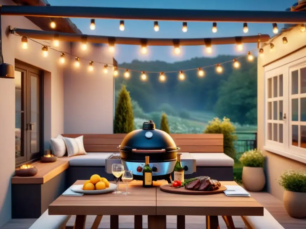 Un patio acogedor iluminado por accesorios nocturnos, ideal para parrilladas