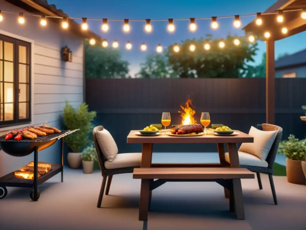 Disfruta de un patio acogedor iluminado con luces cálidas para asados nocturnos