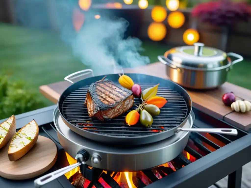 Un patio acogedor listo para un asado otoñal, con la mejor parrilla y carnes asándose entre luces y hojas de colores