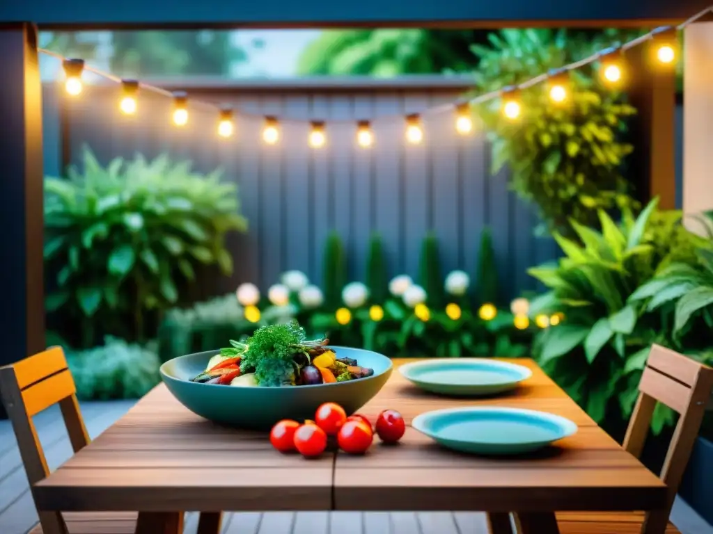 Un patio al aire libre con una mesa lista para asados saludables, rodeada de vegetación exuberante y luces cálidas