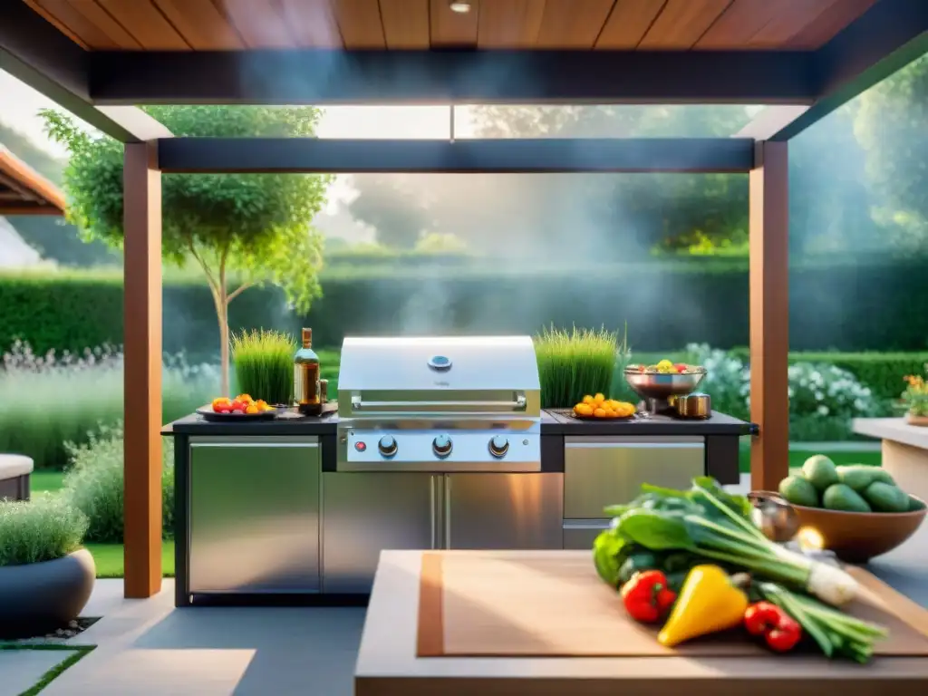 Un patio con asador solar reluciente rodeado de herramientas para asado solar, en un jardín exuberante, con una familia sonriente al fondo