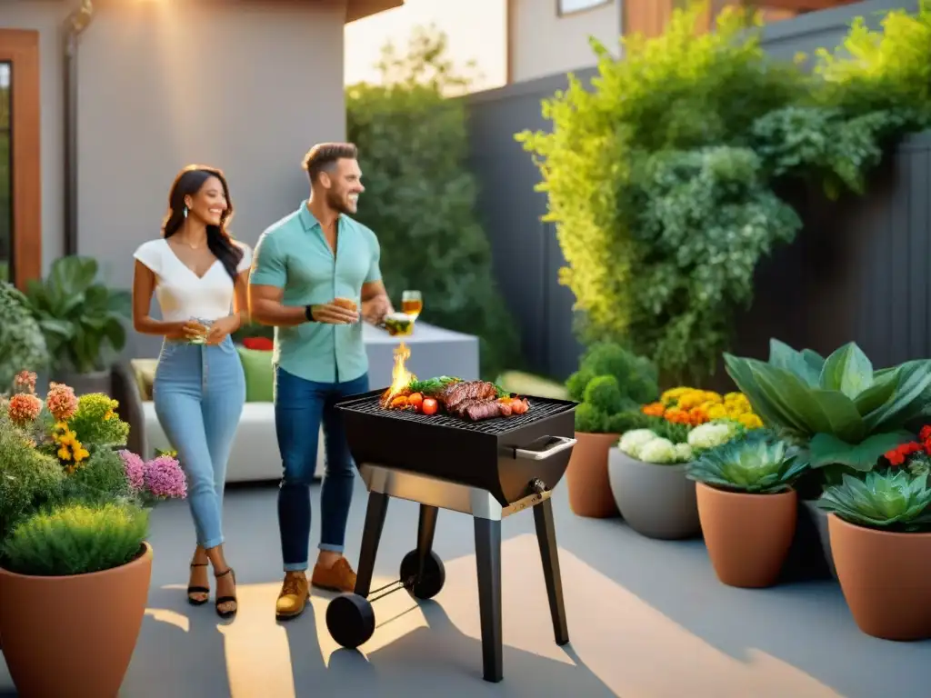 Un patio soleado con asado solar paso a paso rodeado de plantas y amigos disfrutando de una comida al aire libre