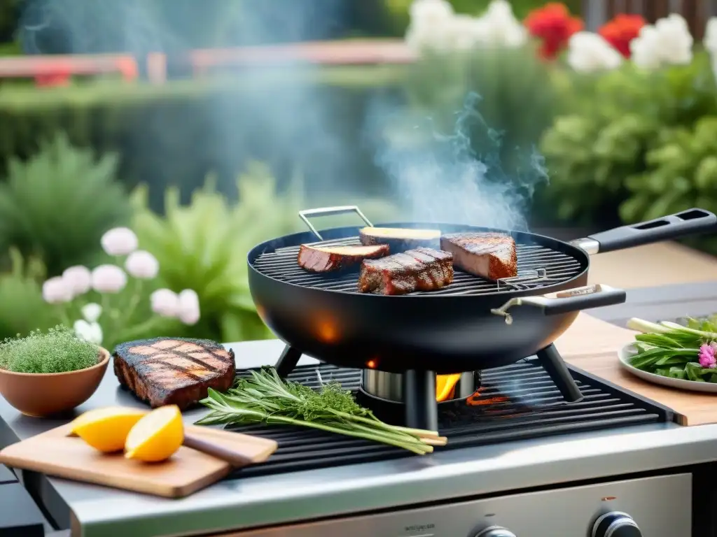 Un patio tranquilo con parrilla moderna, listo para cocinar