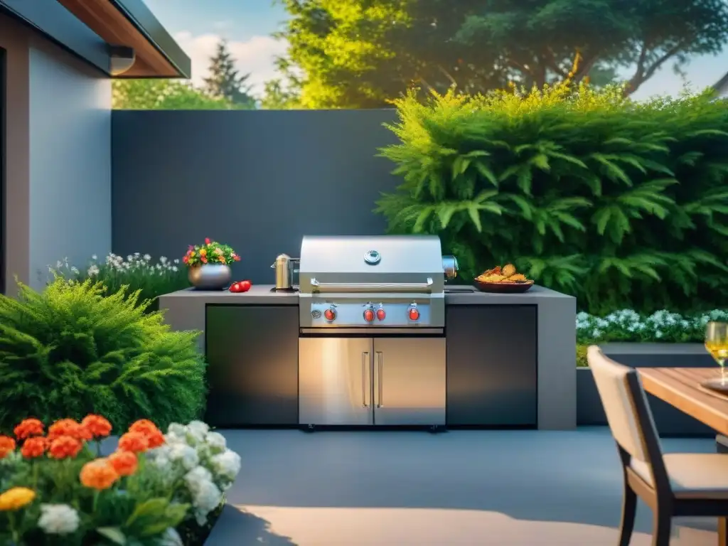 Un patio trasero elegante con la mejor parrilla para asado estacional, rodeada de naturaleza exuberante y mobiliario moderno