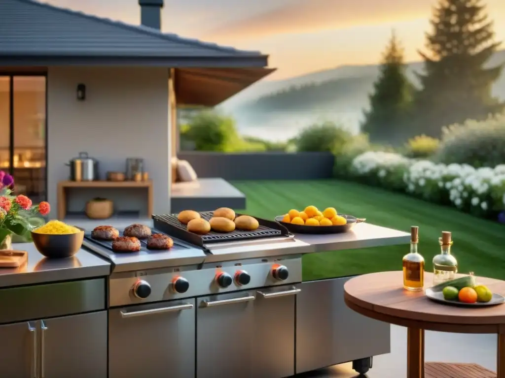 Un patio trasero sereno al atardecer con parrilla cuidada y herramientas organizadas