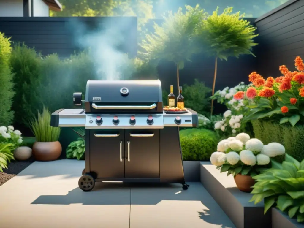 Un patio trasero sereno en un día soleado con una impecable parrilla rodeada de plantas verdes y flores coloridas