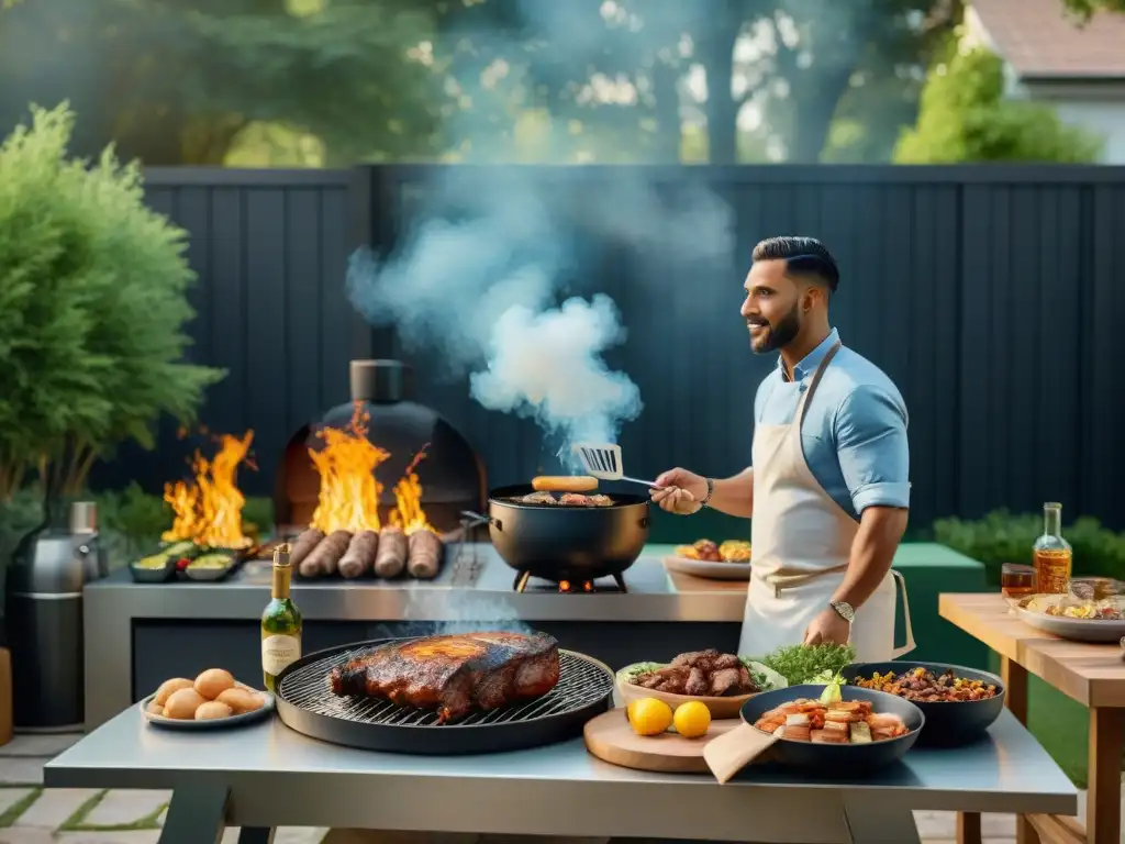 Un patio trasero tranquilo listo para un evento de barbacoa, con un chef experto asando