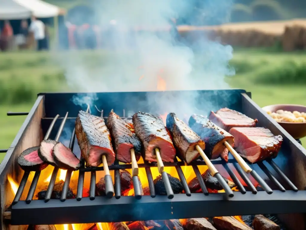 Patrocinio tradición asado uruguayo: Gauchos preparan un asado tradicional en el campo con carnes variadas en una parrilla al aire libre