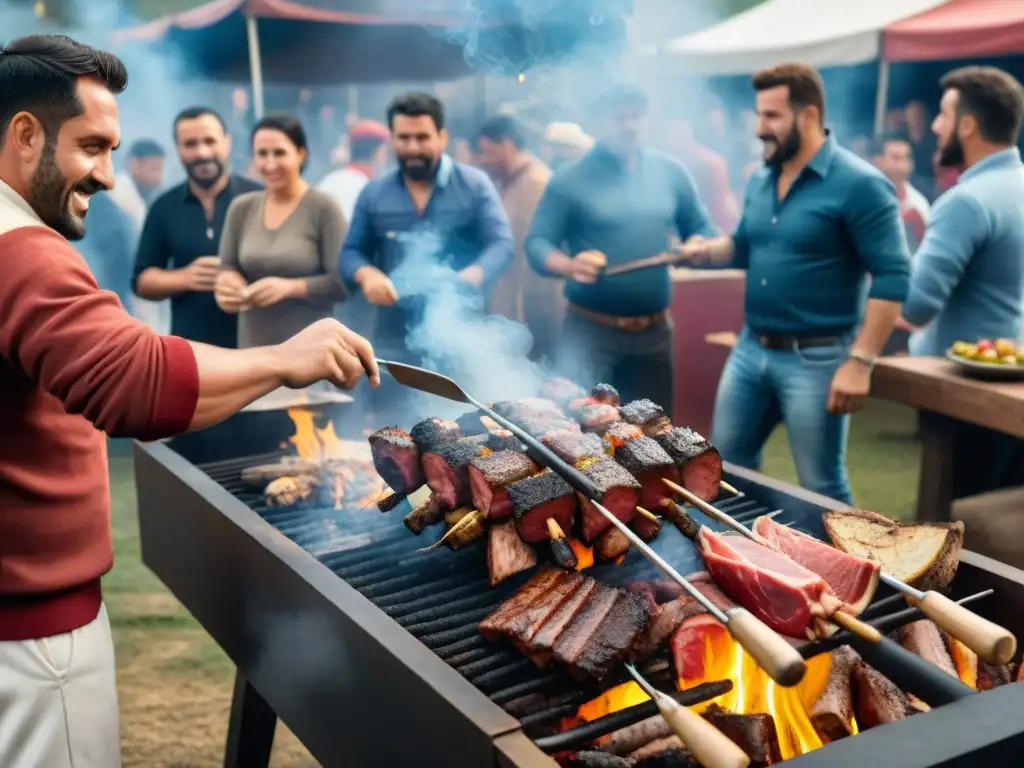 Patrocinio tradición asado uruguayo: Competencia de asado con expertos asadores y una animada multitud disfrutando del evento