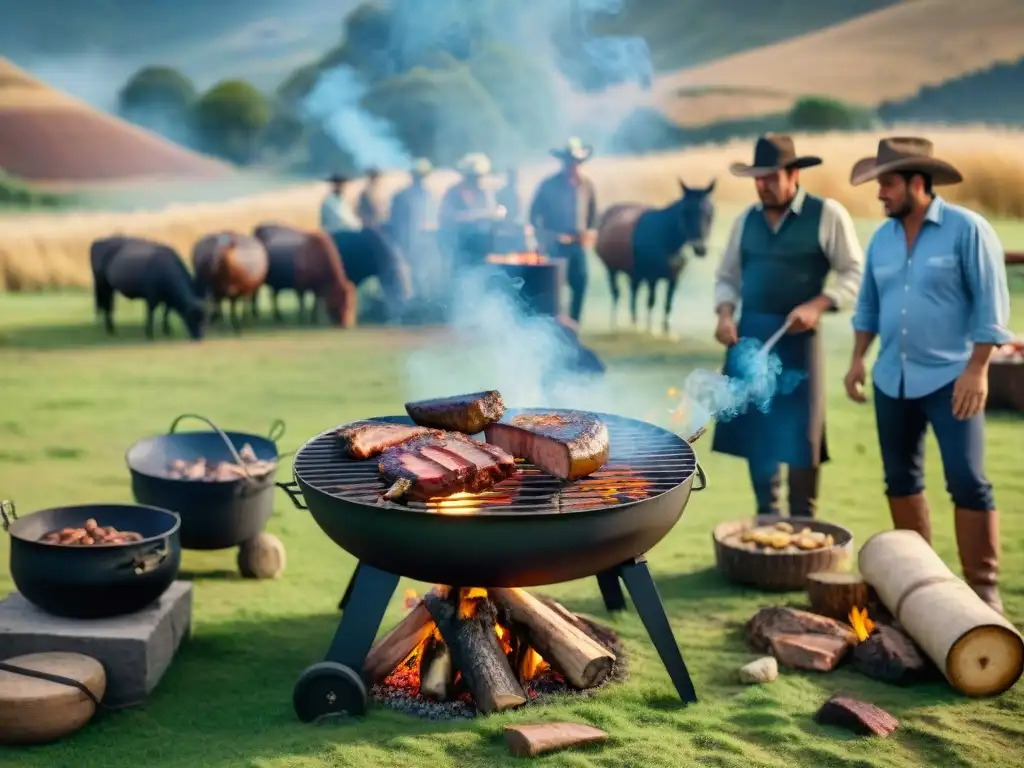 Patrocinio tradición asado uruguayo: Gauchos asando carne al aire libre en un hermoso campo