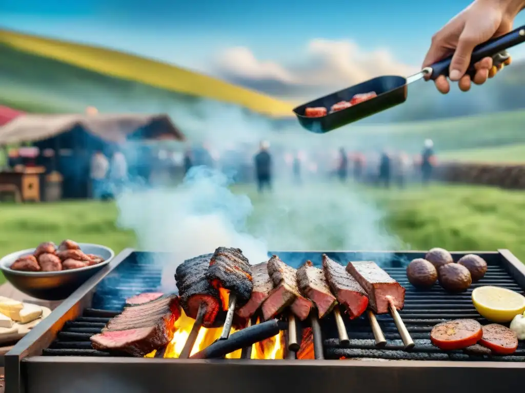 Patrocinio de asados uruguayos en un evento tradicional con parrilla y variedad de carnes, rodeado de naturaleza y gente feliz