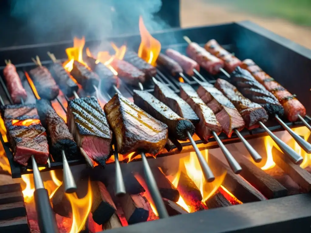 Patrocinio competencias asado uruguayo: Competidores apasionados en parrillada, vibrantes colores y humo aromático