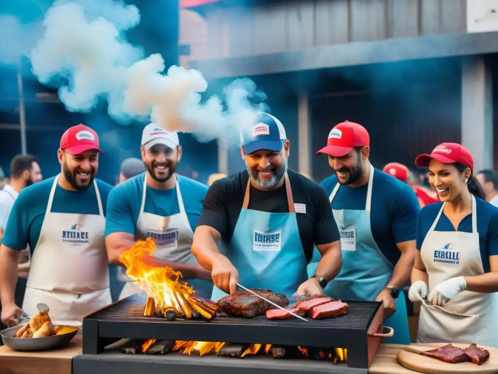 Patrocinio competencias asado uruguayo: Competidores apasionados asando carne en vibrante competencia al aire libre