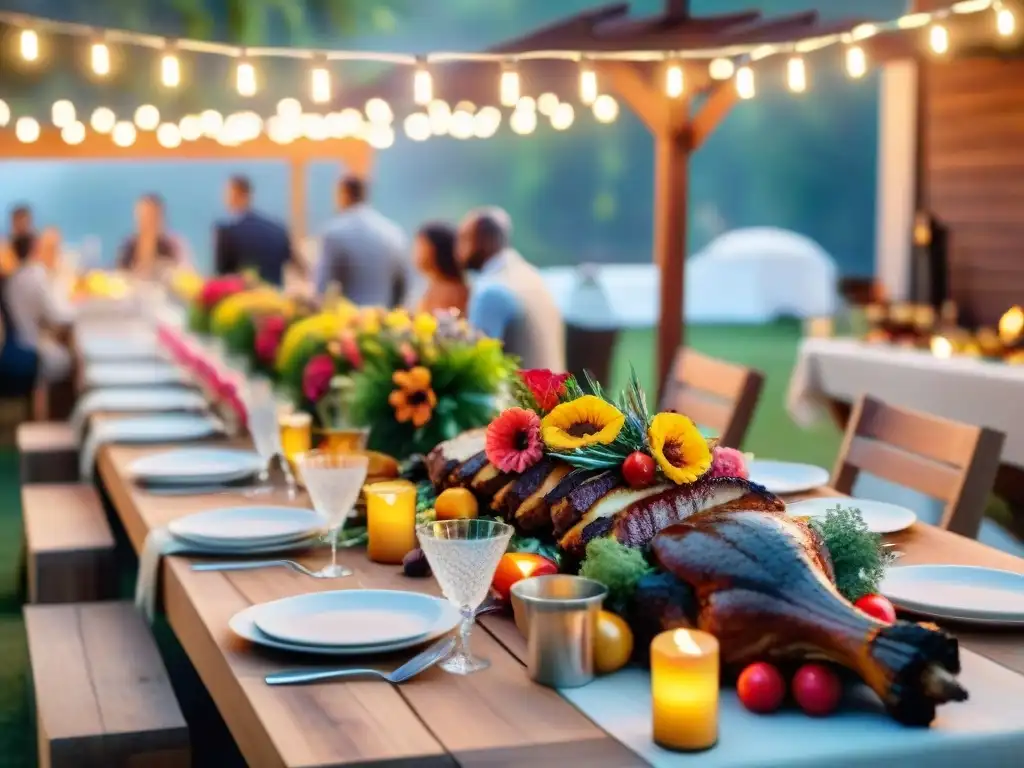 Patrocinio eventos asado estrategia: mesa elegante con decoración floral y parrillada al fondo, en ambiente festivo