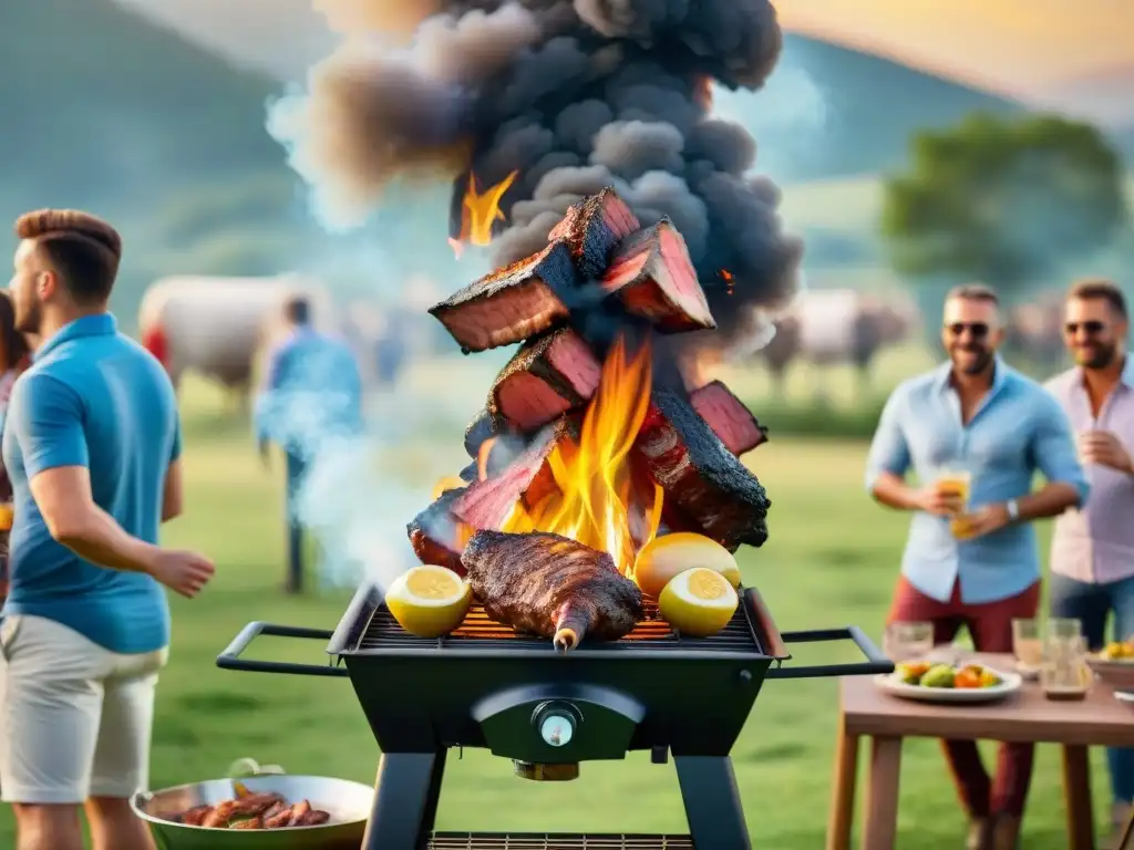 Patrocinio eventos asado estrategia: Animado asado al aire libre con gente diversa en un paisaje campestre colorido al atardecer