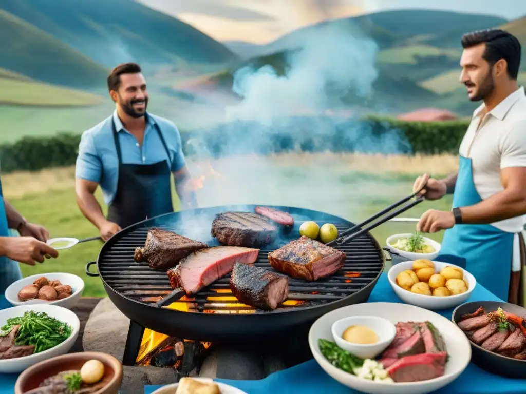 Patrocinio de eventos asado uruguayo con amigos disfrutando de la comida en un hermoso paisaje campestre