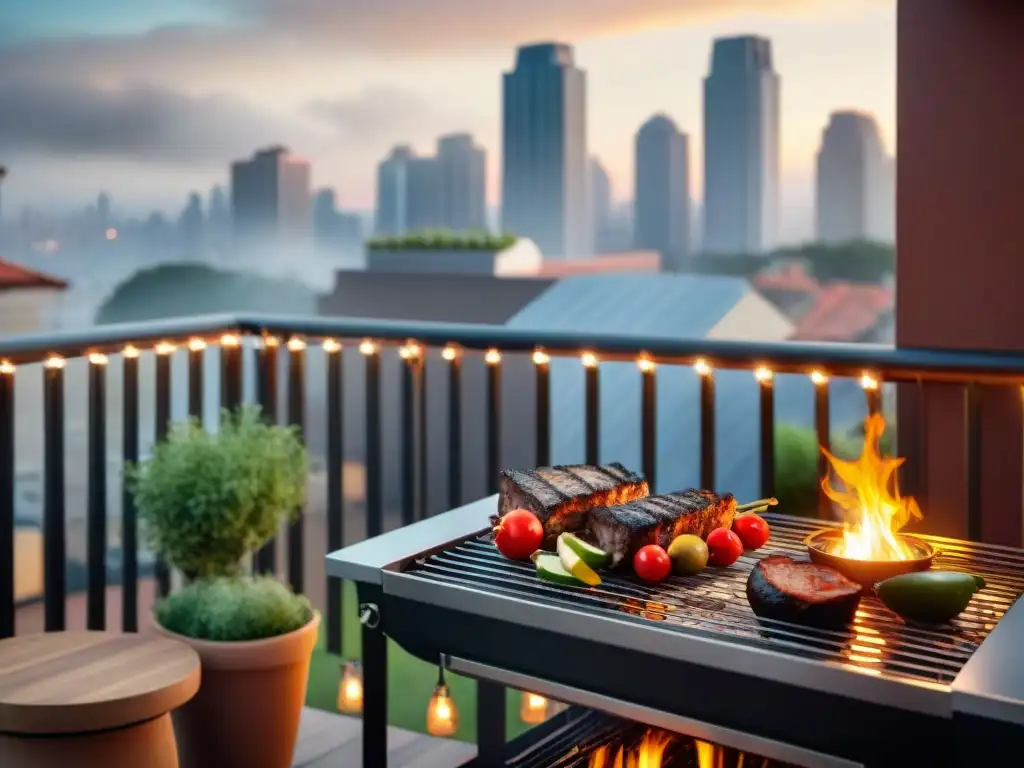 Pequeño balcón convertido en estación de asado con recetas asado uruguayo, rodeado de hierbas y luces, ideal para espacios limitados