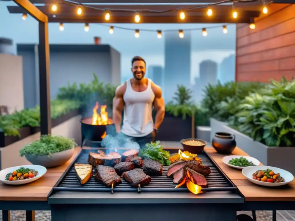 Un pequeño jardín urbano convertido en acogedora área de parrillada con amigos disfrutando de un asado uruguayo, rodeados de plantas y luces