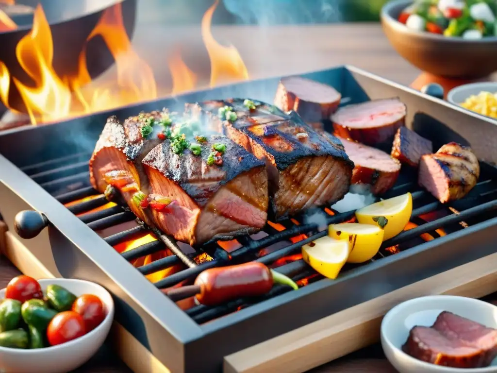 Una fotografía perfecta de un asado en una parrilla humeante, con carnes a la parrilla y amigos emocionados