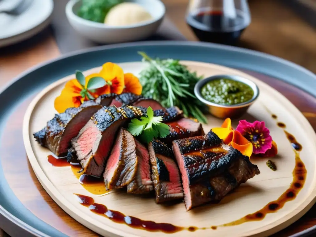 Presentación perfecta del asado uruguayo: un festín visual de carnes a la parrilla, empanadas doradas y chimichurri vibrante