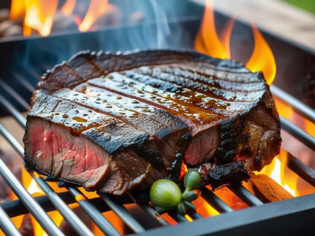 Presentación perfecta del asado uruguayo: suculento steak en la parrilla, jugos y aromas al aire