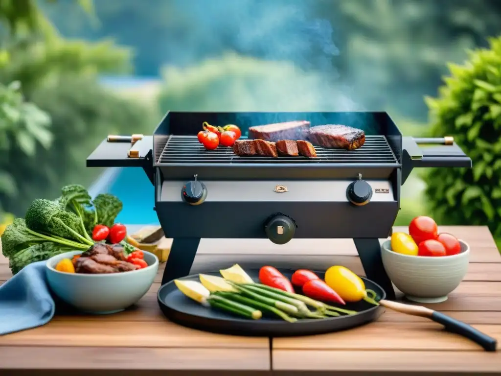 Organización perfecta de parrillada al aire libre con carnes, vegetales frescos y utensilios en mesa de madera bajo cielo azul