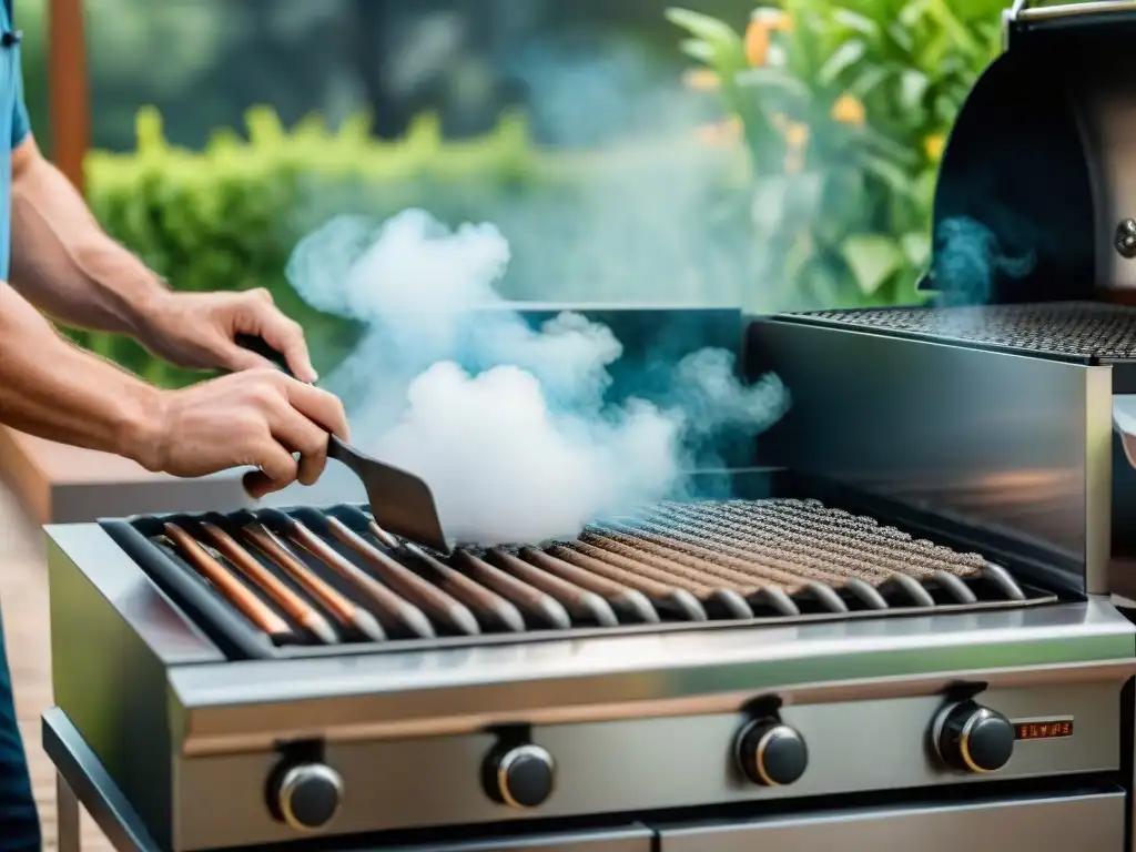 Persona detallista limpiando y puliendo parrilla de alta gama en entorno de cocina exterior